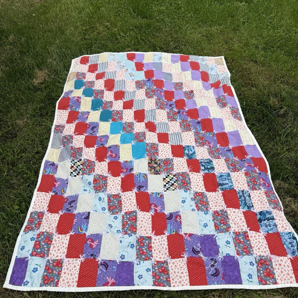 My Little Pony Patchwork Rag Quilt Blanket 81x56 Handmade Style Colorful Tied